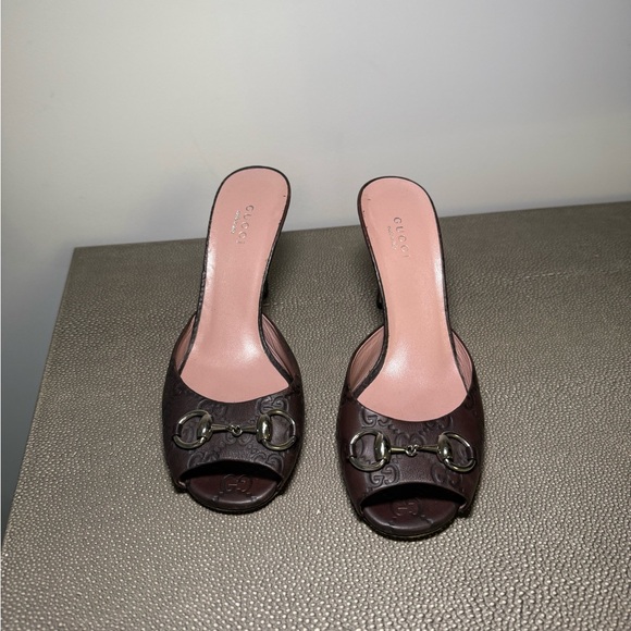 Gucci Dark Brown Mules with Gold Accents - Picture 1 of 8